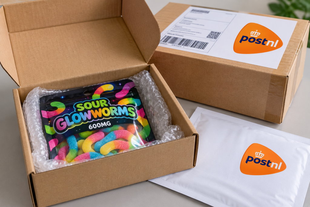  Discrete PostNL verpakking met een doosje legale THC snoepjes]Alt text: Discrete PostNL verpakking met een doosje legale THC snoepjes uit de webshop