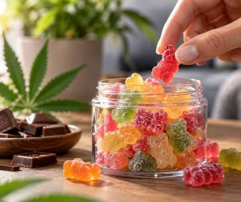 Premium potje fruitige THC gummies op een houten tafel voor THC gummies legaal kopen nederland